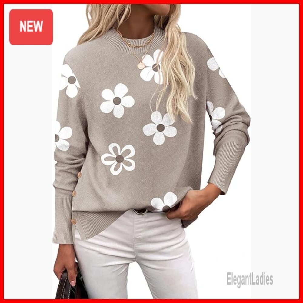 Loose Knit Side Button Pullover Sweater Tunic Length Casual Top